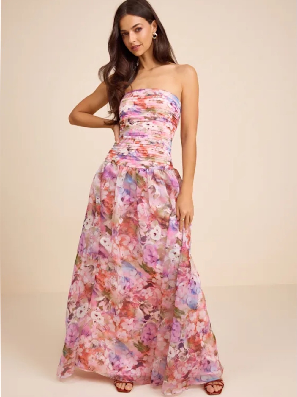 NWT Lulus Kasandra Pink Multi Floral Organza Drop Waist Maxi Dress